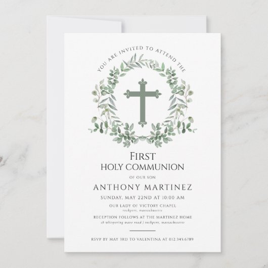 グリーンボタニカルリース少年の最初の聖餐式 招待状 (正面)