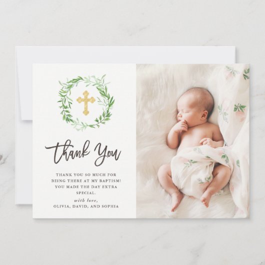 グリーンボタニカル葉リース |写真バプテスマ サンキューカード (正面)