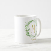 グリーンボタニカル葉リース |金ゴールドフェイクさん コーヒーマグカップ (正面右)