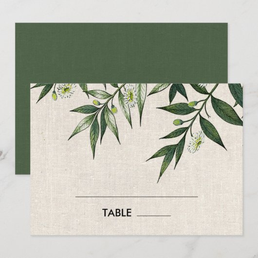 グリーンボタニカル麻のウェディングテーブルプレースカード 招待状 (正面/裏面)