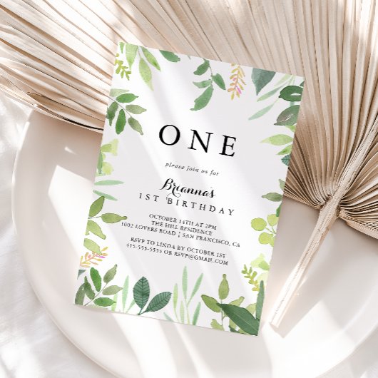グリーンボタニカル フローラル ファースト バースデー パーティー 招待状
