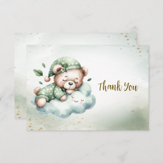 グリーンボホスリーピングテディベアキュートパーティー サンキューカード (正面/裏面)
