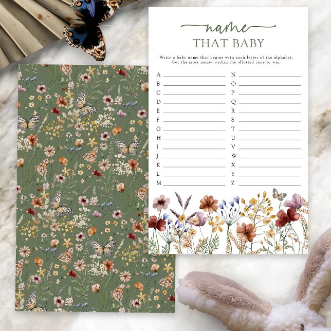 グリーンボホネームザゲームベビー (Sage Green Boho Floral Name That Baby Game Card with Butterfly by Painted Paperie
)