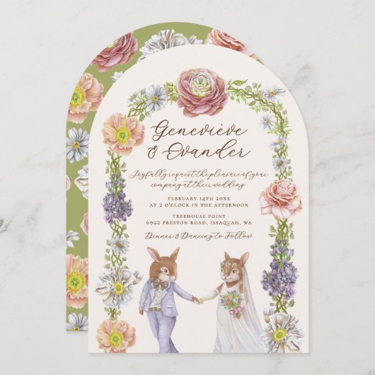 グリーンボホバニーラブウォーターカラー結婚フローラ 招待状 (正面/裏面)