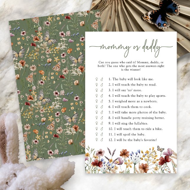 グリーンボホフラワーベビーシャワーゲーム (Sage Green Boho Wildflower Baby Shower Game with Butterfly by Painted Paperie
)
