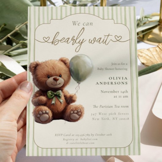 グリーンボホ「We can Bearly Wait」ニュートラルベビーシャワー 招待状