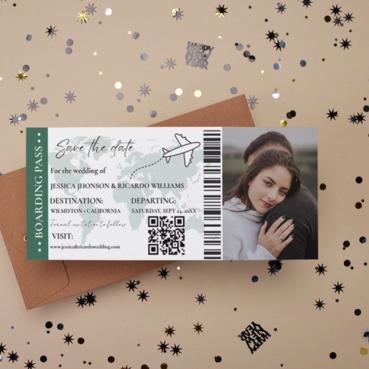 グリーンボーディングパス結婚式を保存する日付チケット 招待状