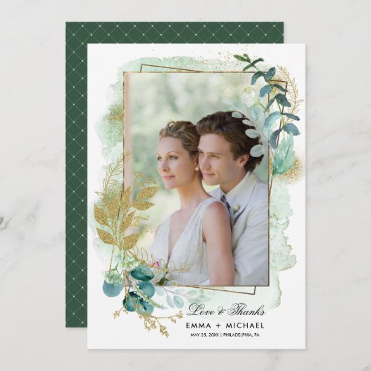 グリーンボ結婚タニカルThank Youフォトカード 招待状 (正面/裏面)