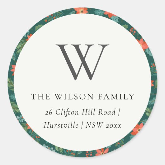 グリーンポインセチアフローラモノグラムアドレス ラウンドシール (正面)