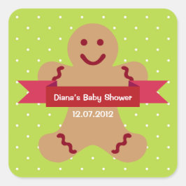 グリーンポルカジンジャーブレッドマンリボンベビーシャワーラベル スクエアシール