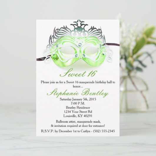 グリーンマスカレードスウィート16誕生日招待状 招待状 (スタンド正面)