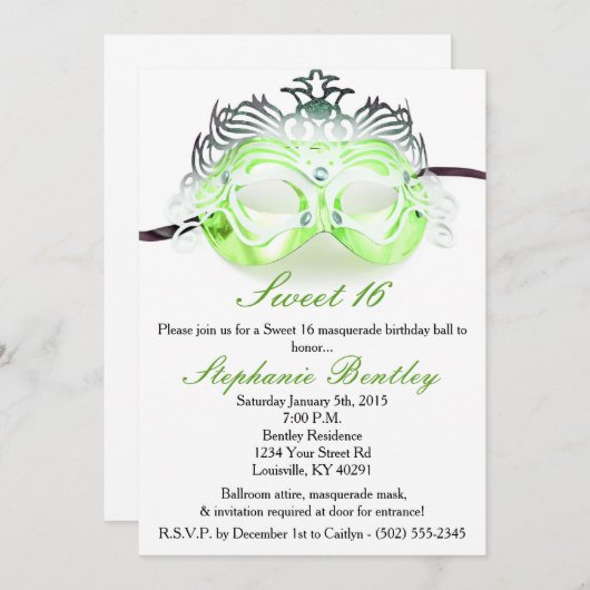 グリーンマスカレードスウィート16誕生日招待状 招待状 (正面/裏面)