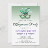 グリーンマスカレードボールパーティーマーディグラス誕生日 招待状 (正面)