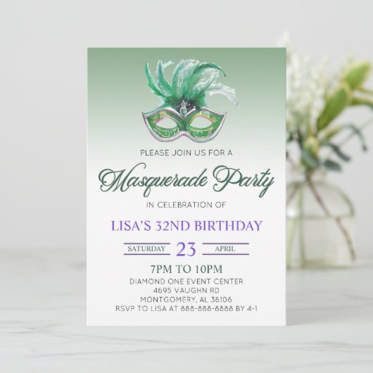 グリーンマスカレードボールパーティーマーディグラス誕生日 招待状 (スタンド正面)