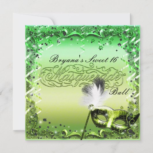 グリーンマスカレードマスクエレガントボールパーティー 招待状 (正面)