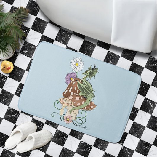 グリーンマッシュルームドラゴンファンタジー花 バスマット