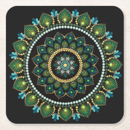 グリーンマンダラ | 手絵を描 | 神聖ジオメトリ スクエアペーパーコースター