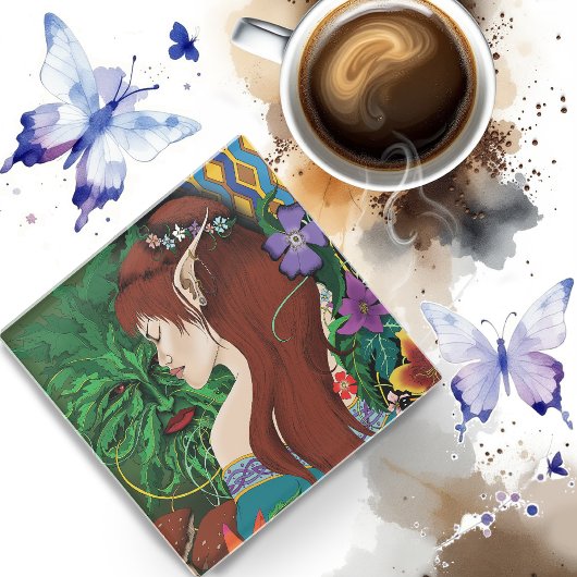 グリーンマン小妖精や小人ファンタジーフローラ ガラスコースター