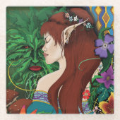 グリーンマン小妖精や小人ファンタジーフローラ ガラスコースター (正面)