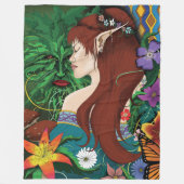 グリーンマン小妖精や小人ファンタジーフローラ フリースブランケット (正面)