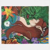 グリーンマン小妖精や小人ファンタジーフローラ フリースブランケット (正面(横))