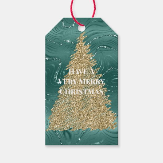 グリーンマーブル金ゴールドグリッタークリスマスツリー ギフトタグ (正面)