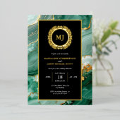 グリーンマーブル金ゴールドローレルクレスト&ブラック招待状 箔シーズンカード (立ち正面)