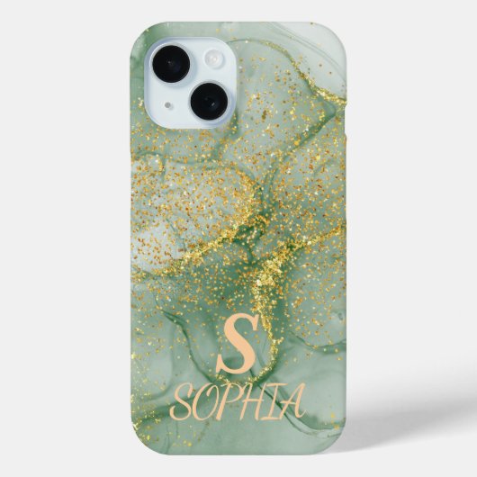 グリーンマーブル シックゴールドラメ モノグラム Case-Mate iPhoneケース (裏面)