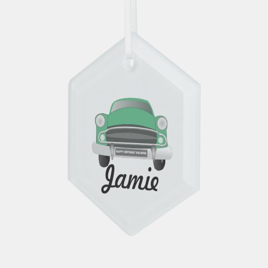 グリーンミアンレトロカーボーイ誕生日 ガラスオーナメント (正面左)