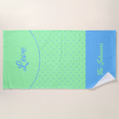 グリーンミッドセンチュリーブルーレトロドットサマーラブ ビーチタオル (正面)