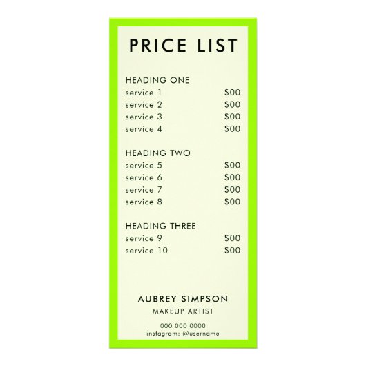 グリーンミニマリスト価格リストラックカード ラックカード (正面)