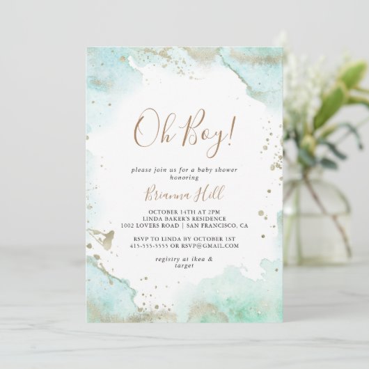 グリーンミニマリストOhボーイベビーシャワー招待状 招待状 (スタンド正面)