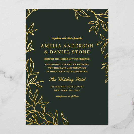グリーンミニマルエレガント金ゴールド結婚リーフ 箔招待状 (正面)