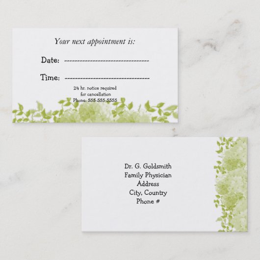 グリーンミニマルフローラ医療アポイントメントカード 予約カード (正面/裏面)