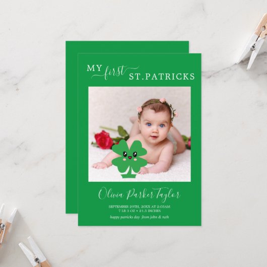 グリーンミニマルマイファーストベビー誕生写真 カード (正面/裏面インサイチュ)