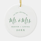 グリーンミニマル新婚1stクリスマス結婚写真 セラミックオーナメント (正面)