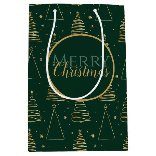 グリーンミニマル金ゴールドクリスマスツリー ミディアムペーパーバッグ (正面)