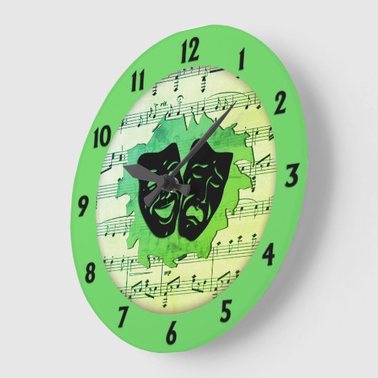 グリーンミュージックとシアターマスク ラージ壁時計 (傾斜)