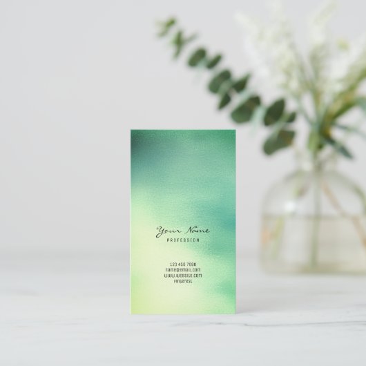 グリーンミントグリーンティール（緑がかった色）イエロートロピックガグラデーションラス 名刺 (スタンド正面)