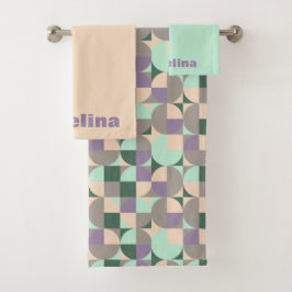 グリーンミントベージュ抽象芸術幾何学的パターン名 バスタオルセット