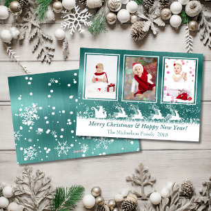 グリーンメタリックそり雪の写真クリスマスカード シーズンカード