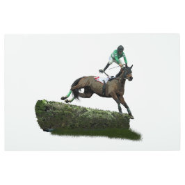 グリーンメタルウォールアートでジョッキーを跳び上げる馬 メタルプリント