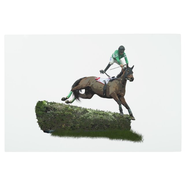 グリーンメタルウォールアートでジョッキーを跳び上げる馬 メタルプリント (正面)