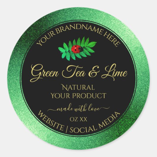 グリーンメタルグリッターブラック製品ラベルレディバグ ラウンドシール (正面)