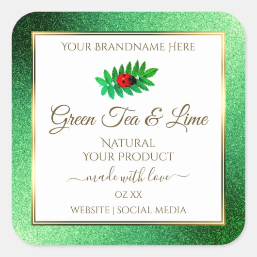 グリーンメタルグリッターホワイトプロダクトラベルレディバグ スクエアシール (正面)