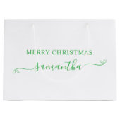 グリーンメリークリスマスかわいい弓の署名名 ラージペーパーバッグ (正面)