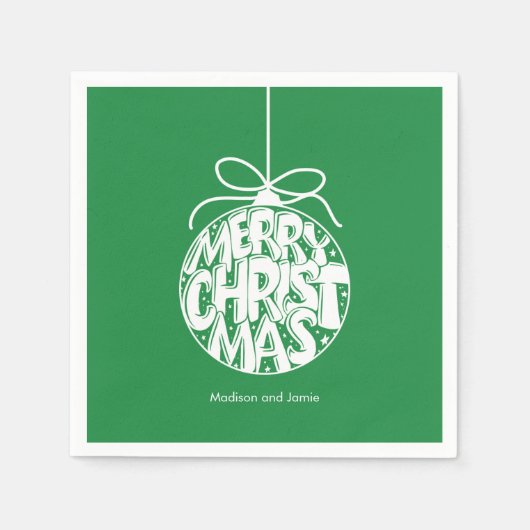 グリーンメリークリスマスオーナメントホリデー スタンダードカクテルナプキン (正面)