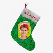 グリーンメリークリスマスカスタムの写真の名前ユニークおもしろい スモールクリスマスストッキング (正面 (吊り時))