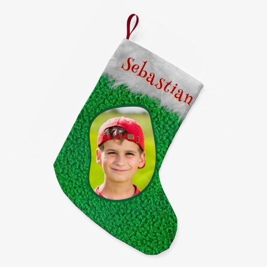 グリーンメリークリスマスカスタムの写真の名前ユニークおもしろい スモールクリスマスストッキング (正面 (吊り時))