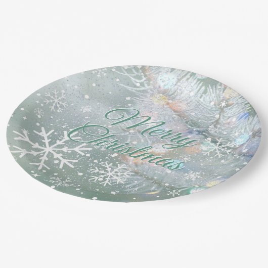 グリーンメリークリスマススノーフレーク ペーパープレート (アングル)